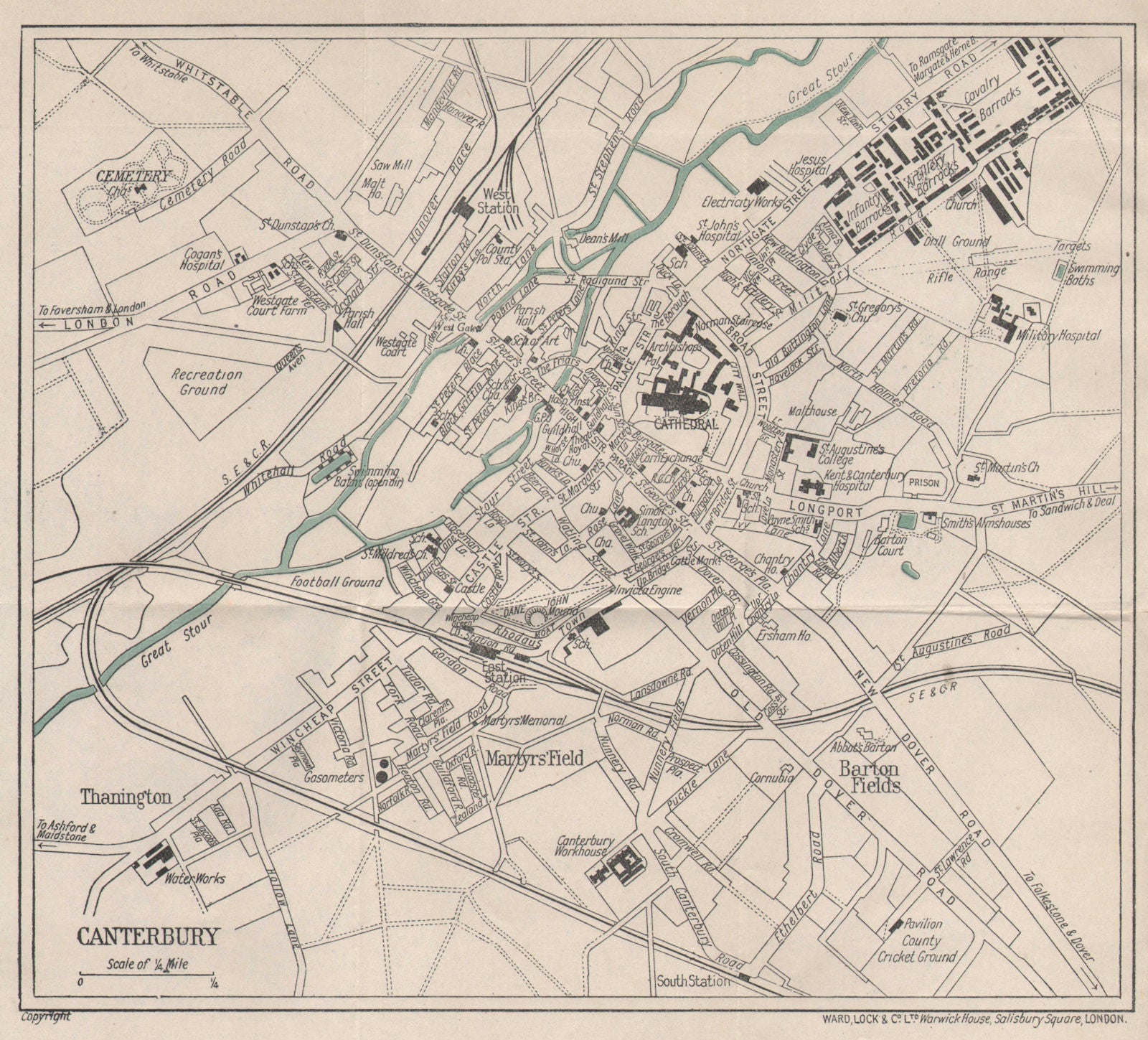 CANTERBURY vintage tourist town city plan. Kent. WARD LOCK 1924 old map